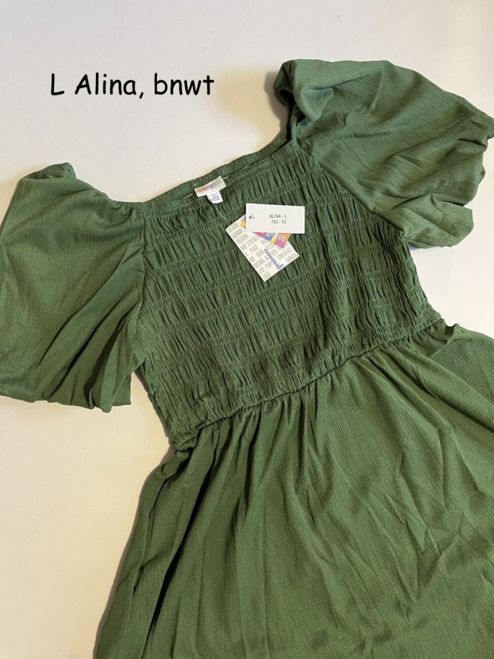 Large Lularoe Alina balloon sleeved smocked dress, olive green